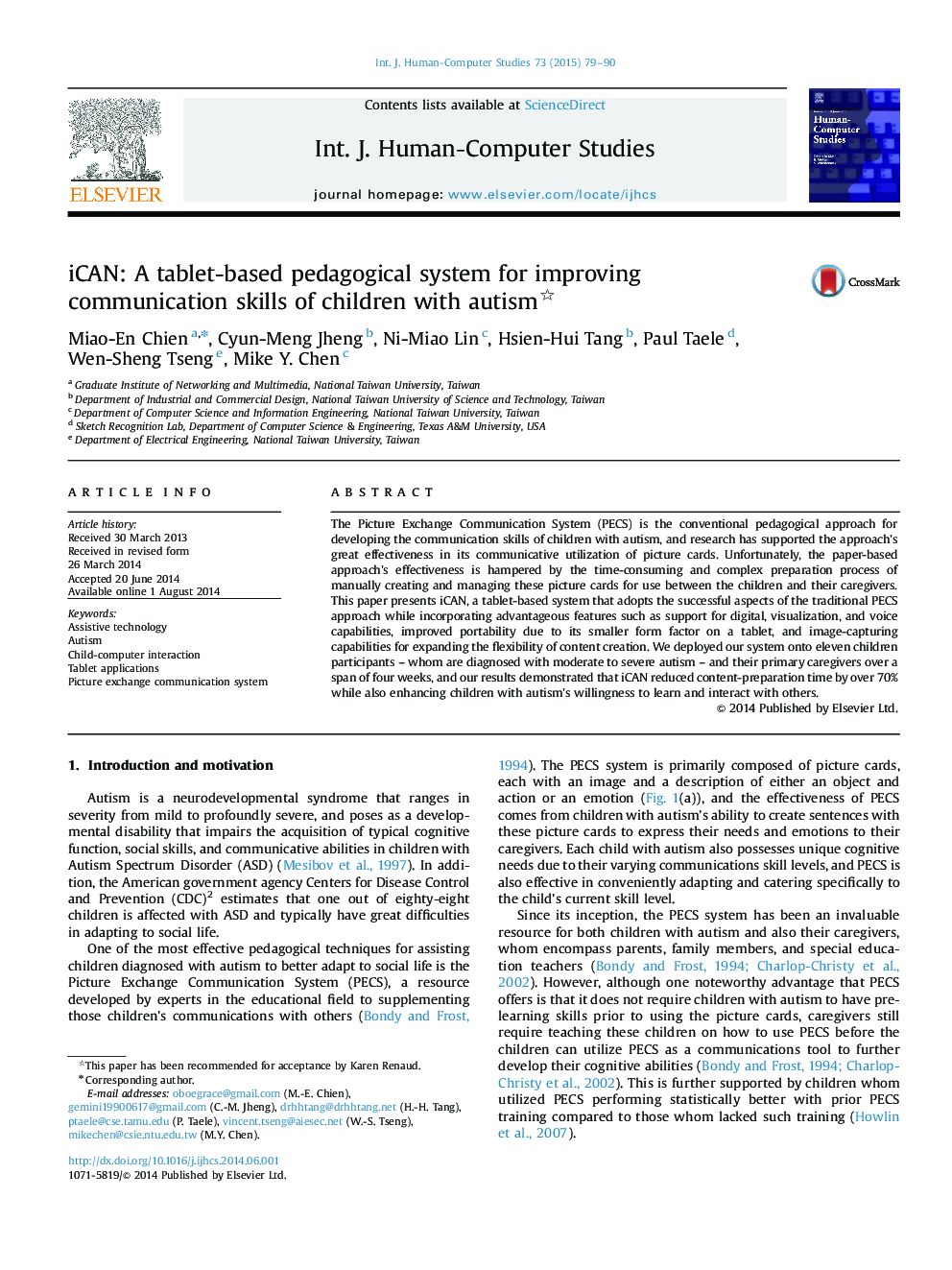 iCAN: A tablet-based pedagogical system for improving communication skills of children with autism 