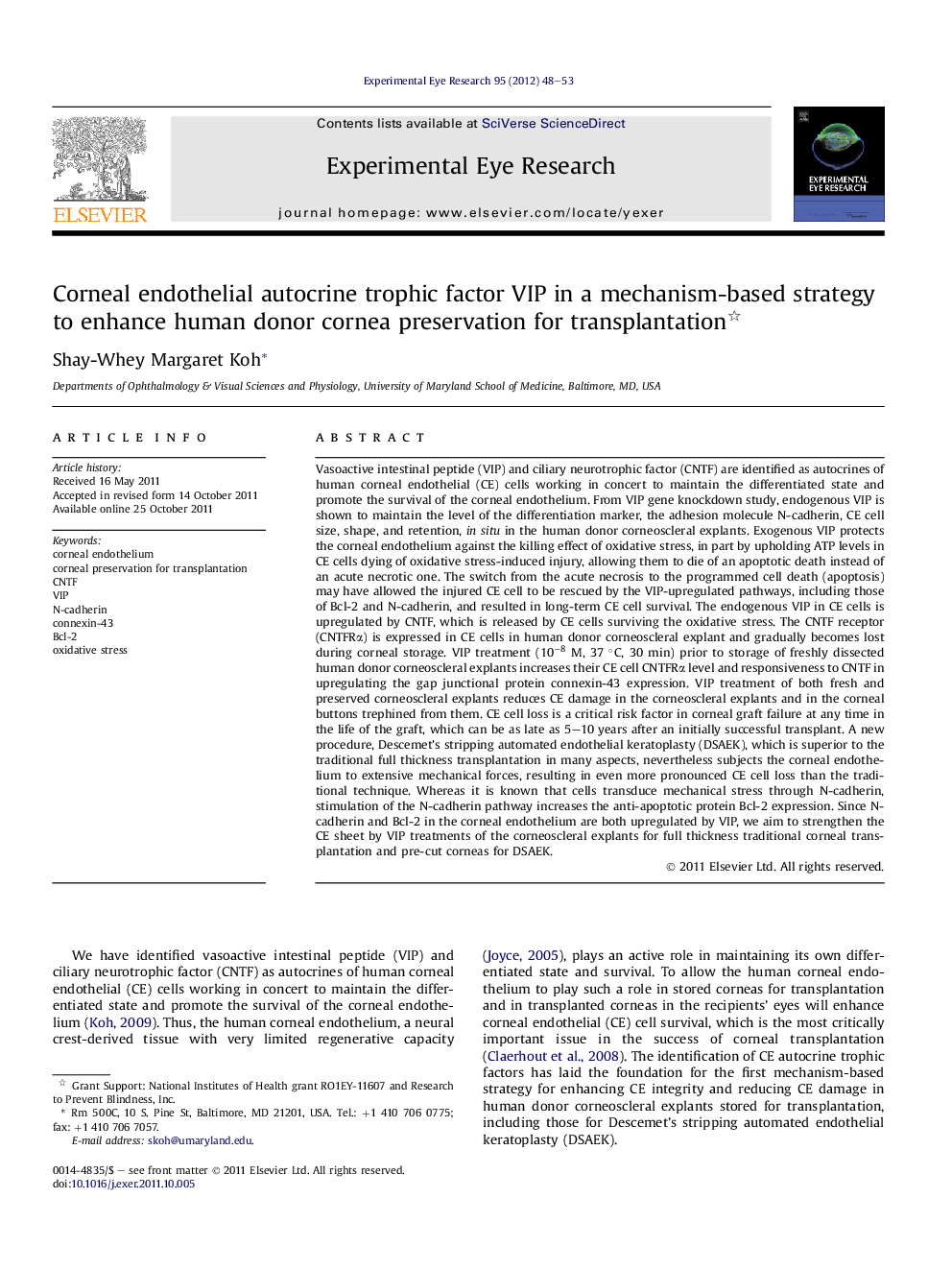 Corneal endothelial autocrine trophic factor VIP in a mechanism-based strategy to enhance human donor cornea preservation for transplantation 