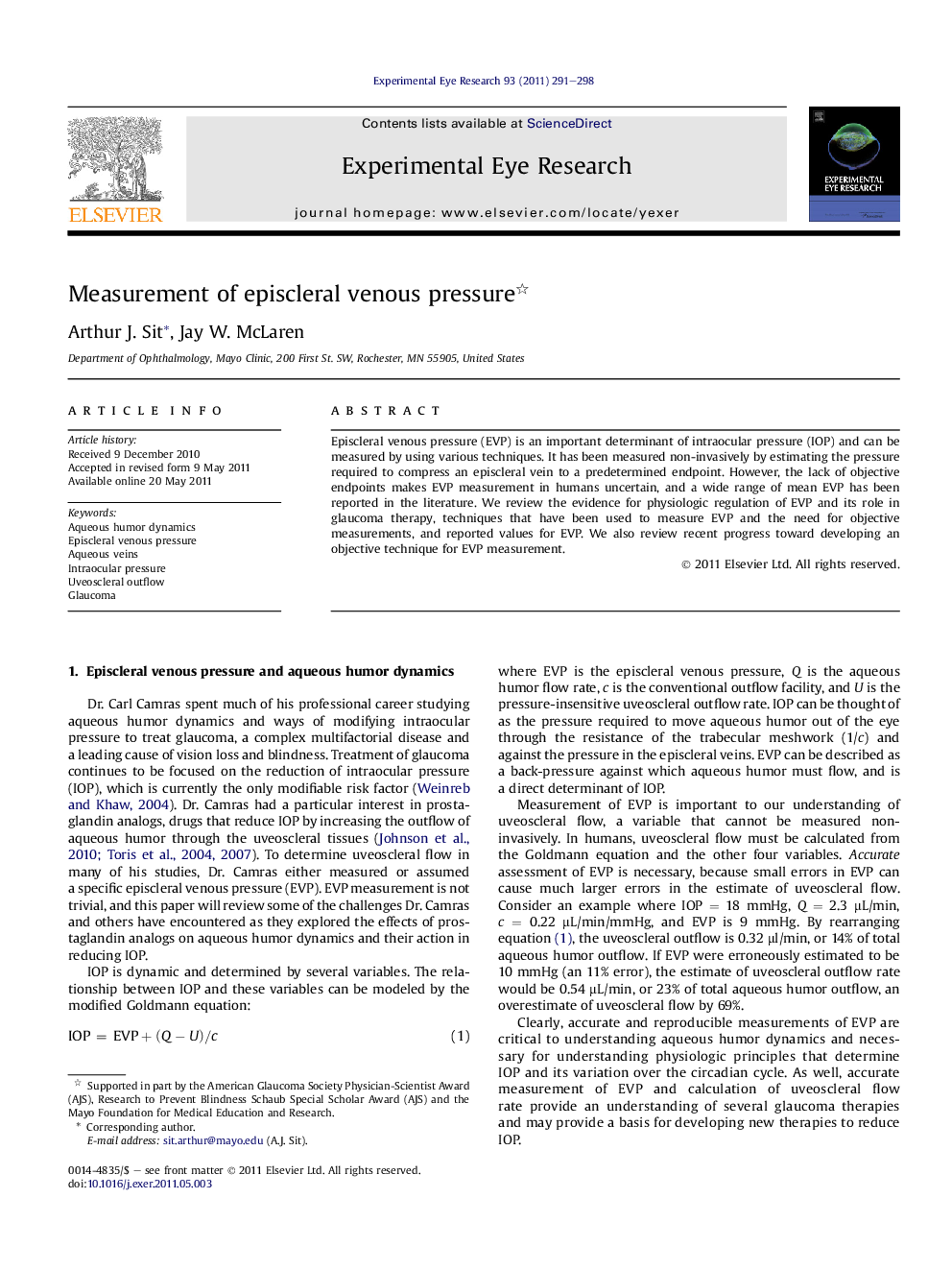 Measurement of episcleral venous pressure 