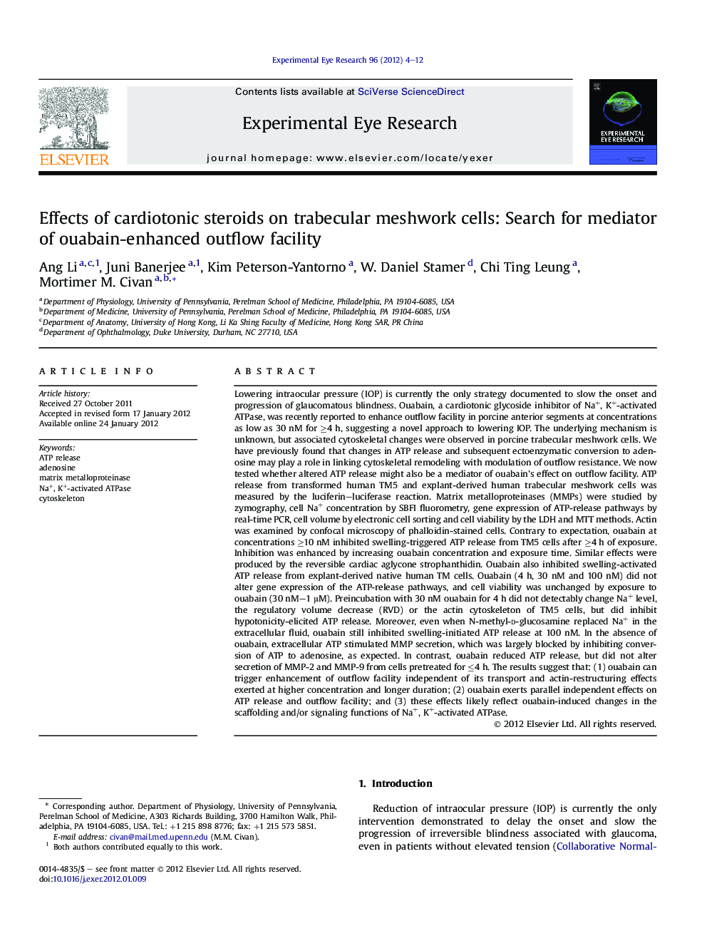 Effects of cardiotonic steroids on trabecular meshwork cells: Search for mediator of ouabain-enhanced outflow facility