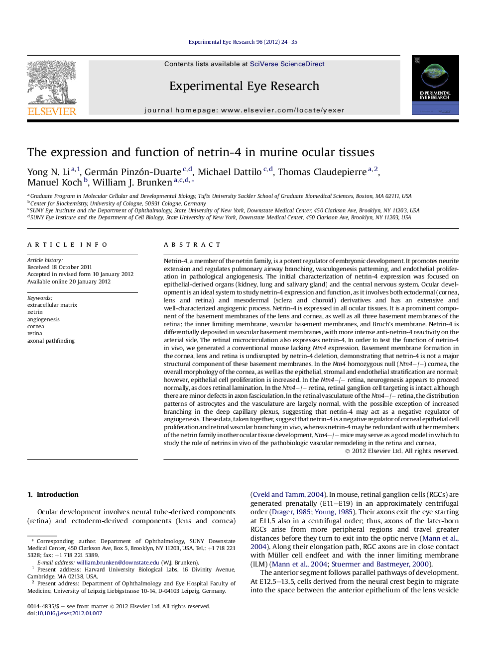 The expression and function of netrin-4 in murine ocular tissues