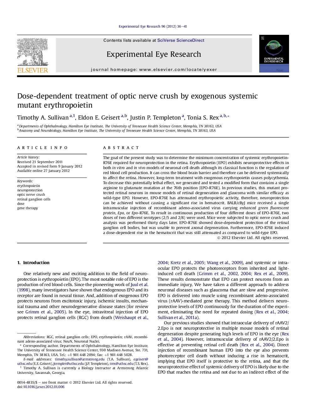 Dose-dependent treatment of optic nerve crush by exogenous systemic mutant erythropoietin