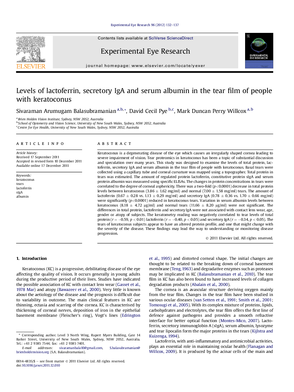 Levels of lactoferrin, secretory IgA and serum albumin in the tear film of people with keratoconus