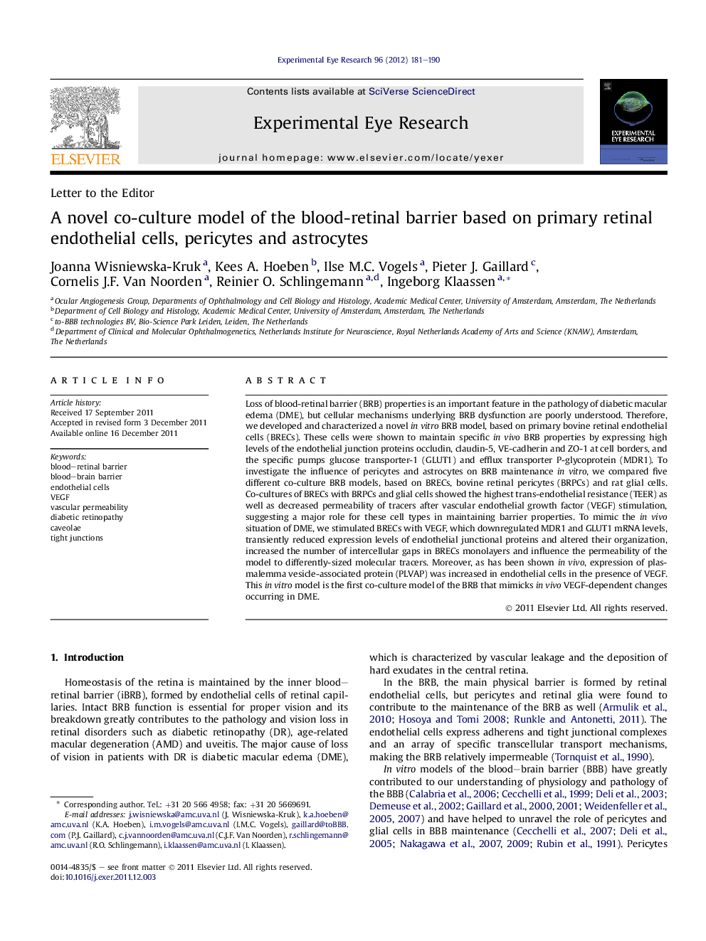 A novel co-culture model of the blood-retinal barrier based on primary retinal endothelial cells, pericytes and astrocytes