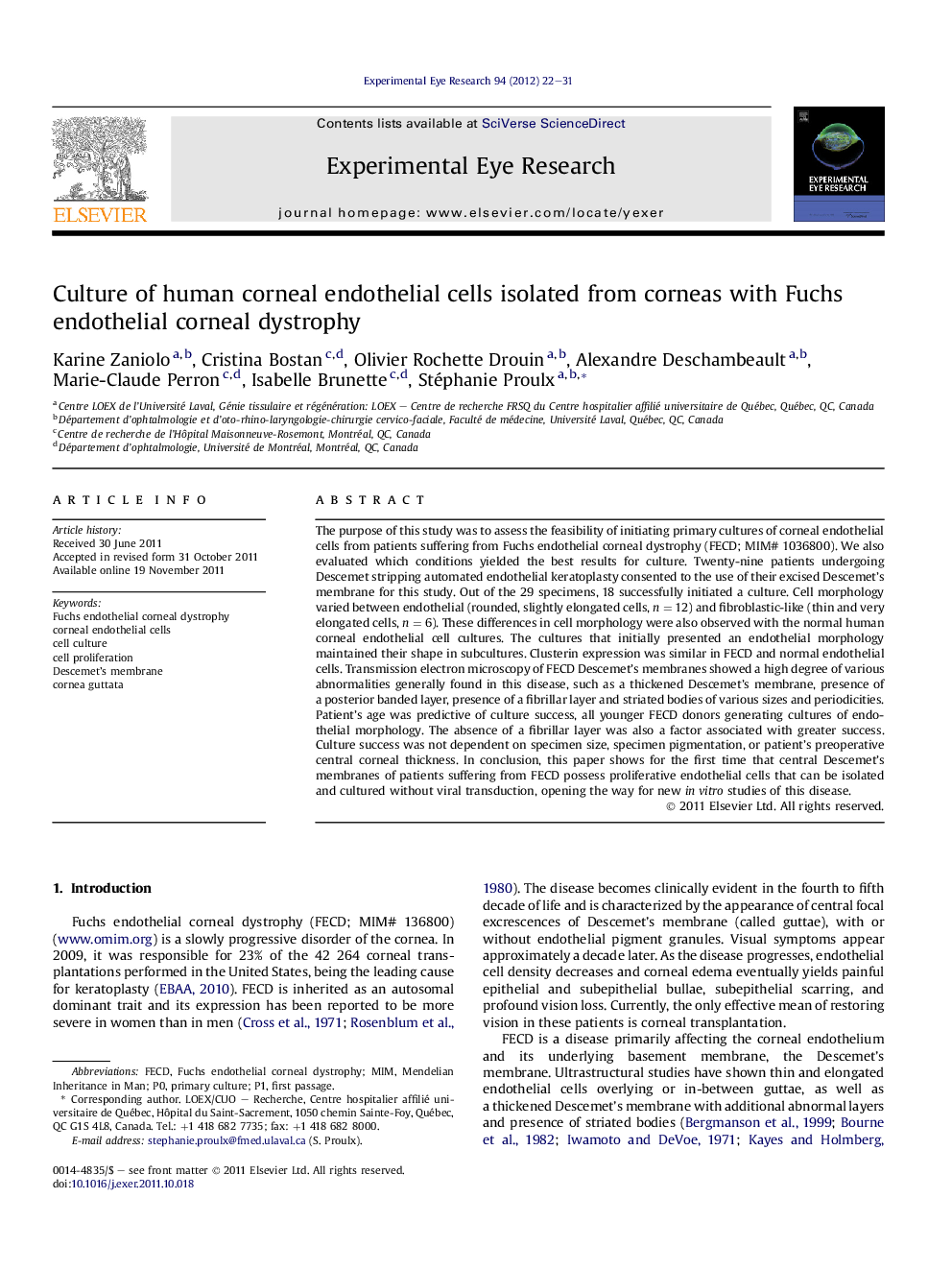 Culture of human corneal endothelial cells isolated from corneas with Fuchs endothelial corneal dystrophy