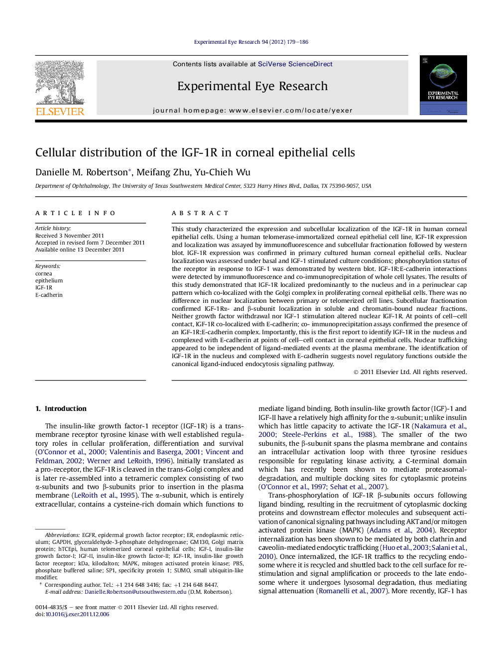 Cellular distribution of the IGF-1R in corneal epithelial cells