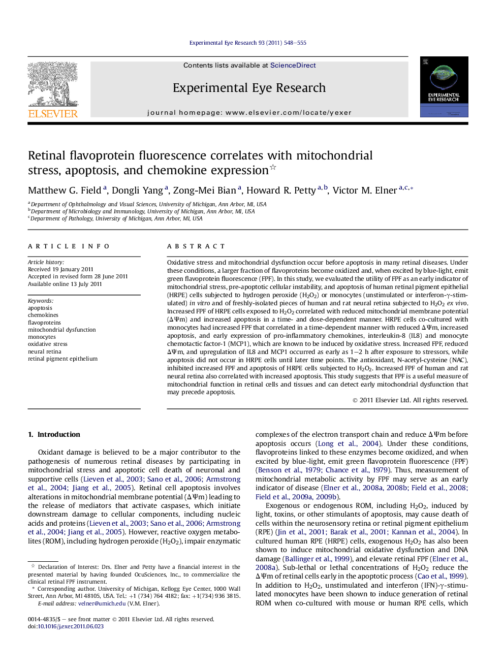 Retinal flavoprotein fluorescence correlates with mitochondrial stress, apoptosis, and chemokine expression 