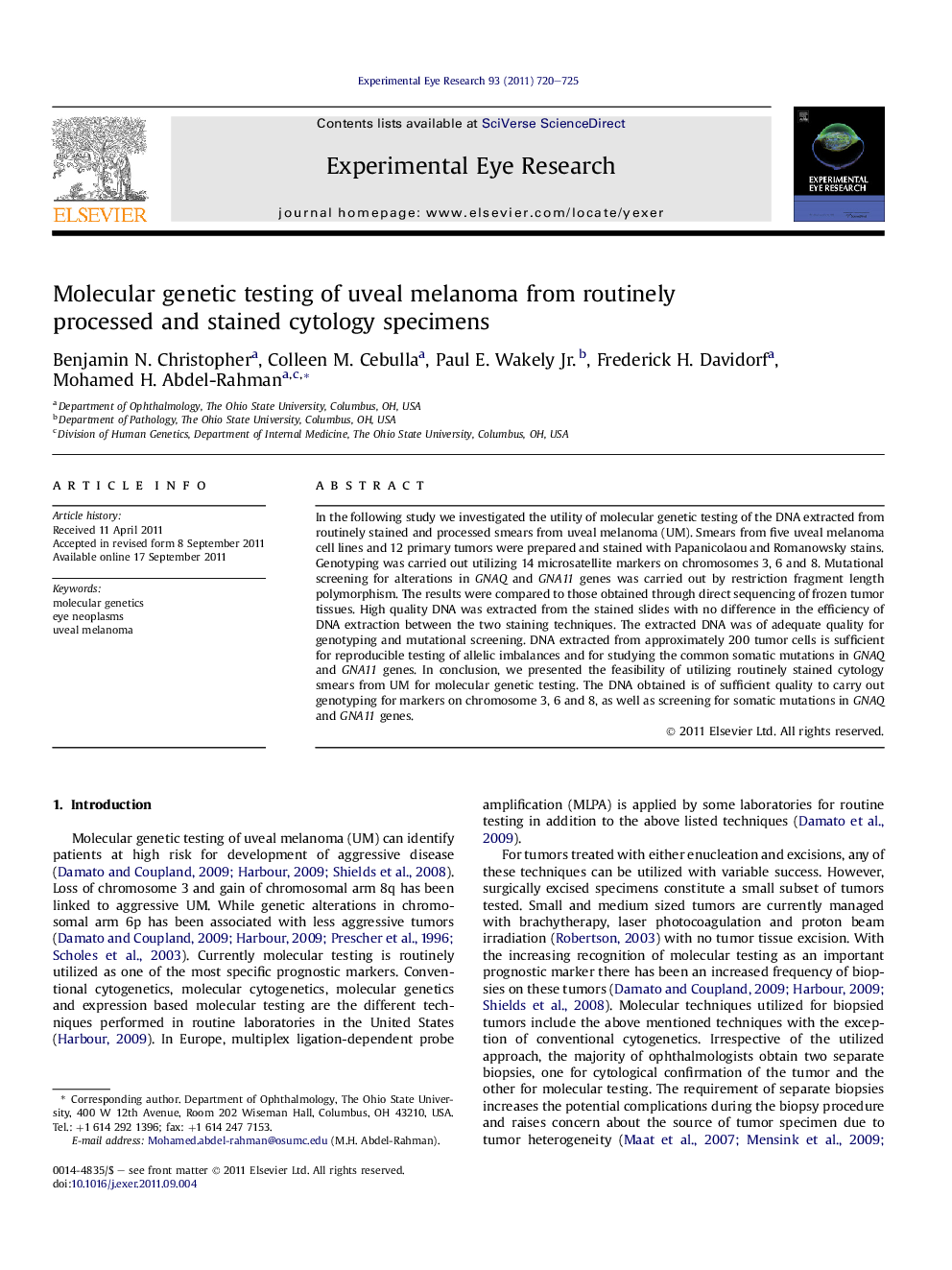 Molecular genetic testing of uveal melanoma from routinely processed and stained cytology specimens