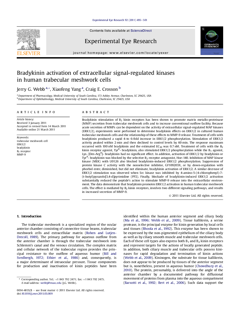 Bradykinin activation of extracellular signal-regulated kinases in human trabecular meshwork cells