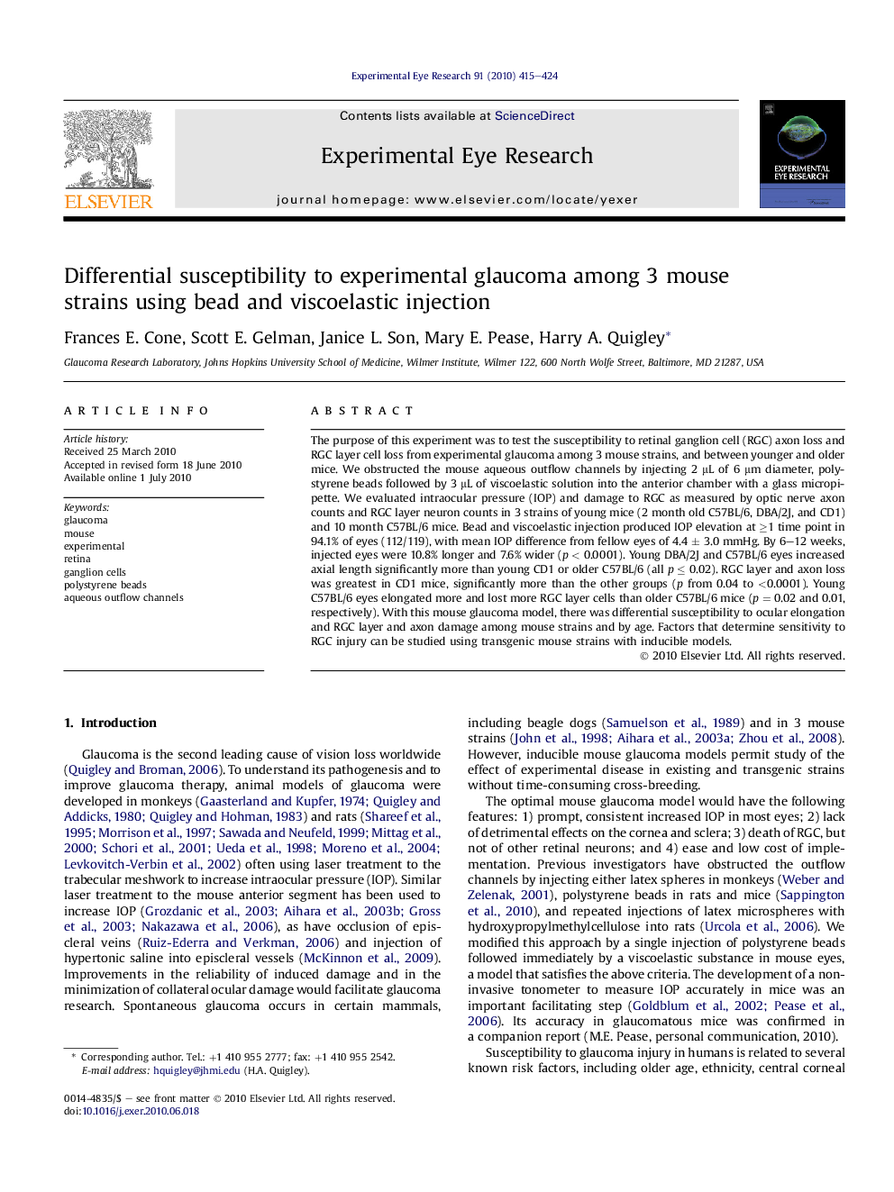 Differential susceptibility to experimental glaucoma among 3 mouse strains using bead and viscoelastic injection