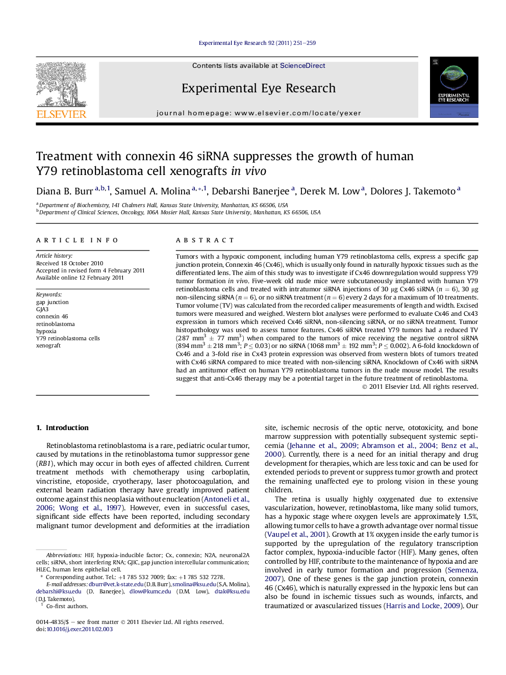 Treatment with connexin 46 siRNA suppresses the growth of human Y79 retinoblastoma cell xenografts in vivo