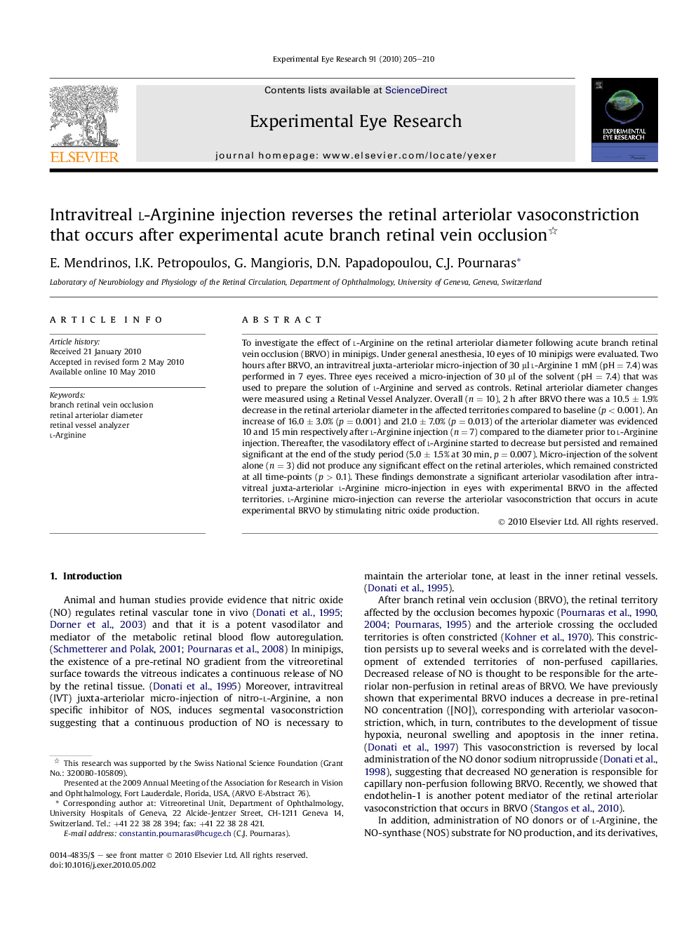 Intravitreal l-Arginine injection reverses the retinal arteriolar vasoconstriction that occurs after experimental acute branch retinal vein occlusion 