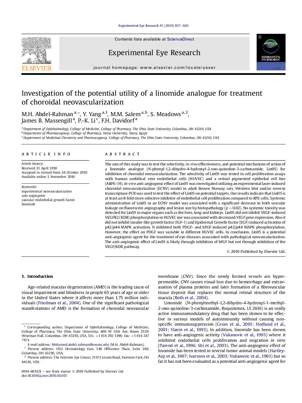 Investigation of the potential utility of a linomide analogue for treatment of choroidal neovascularization