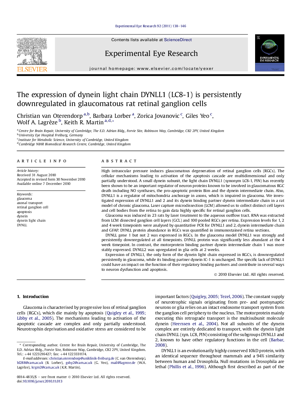 The expression of dynein light chain DYNLL1 (LC8-1) is persistently downregulated in glaucomatous rat retinal ganglion cells