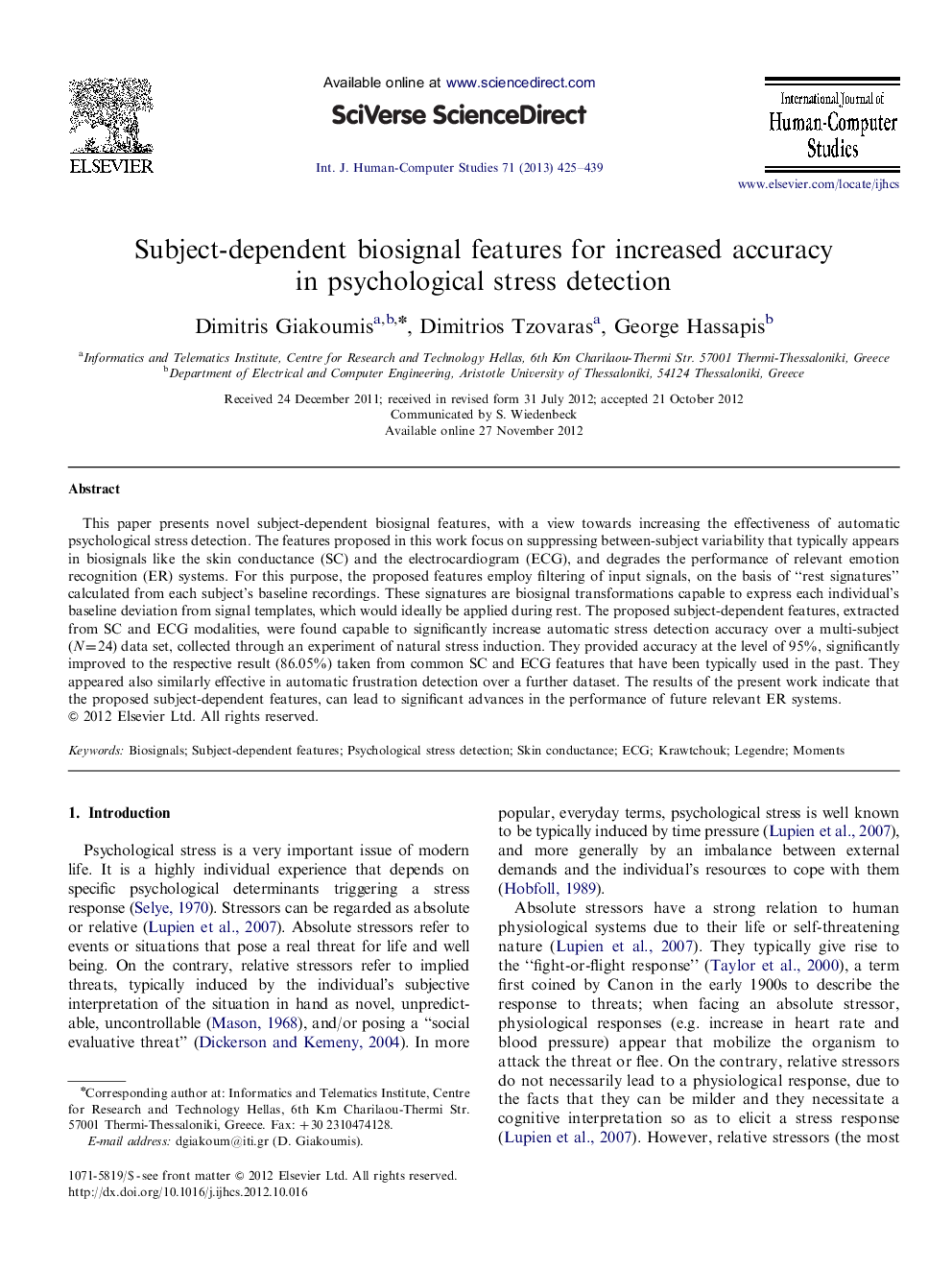 Subject-dependent biosignal features for increased accuracy in psychological stress detection