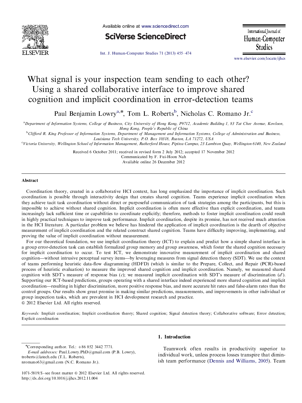 What signal is your inspection team sending to each other? Using a shared collaborative interface to improve shared cognition and implicit coordination in error-detection teams