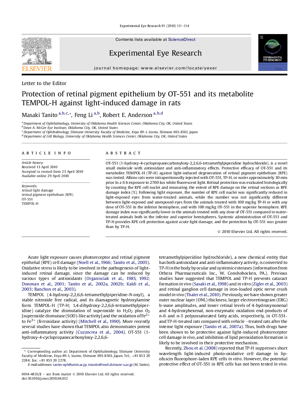 Protection of retinal pigment epithelium by OT-551 and its metabolite TEMPOL-H against light-induced damage in rats