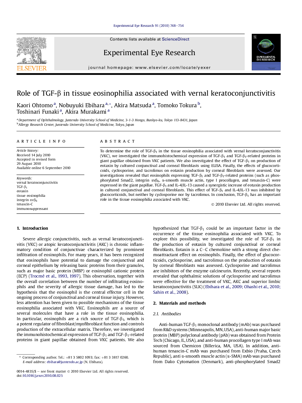 Role of TGF-β in tissue eosinophilia associated with vernal keratoconjunctivitis