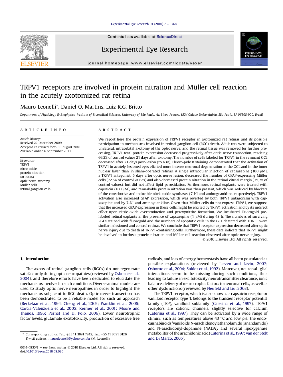 TRPV1 receptors are involved in protein nitration and Müller cell reaction in the acutely axotomized rat retina