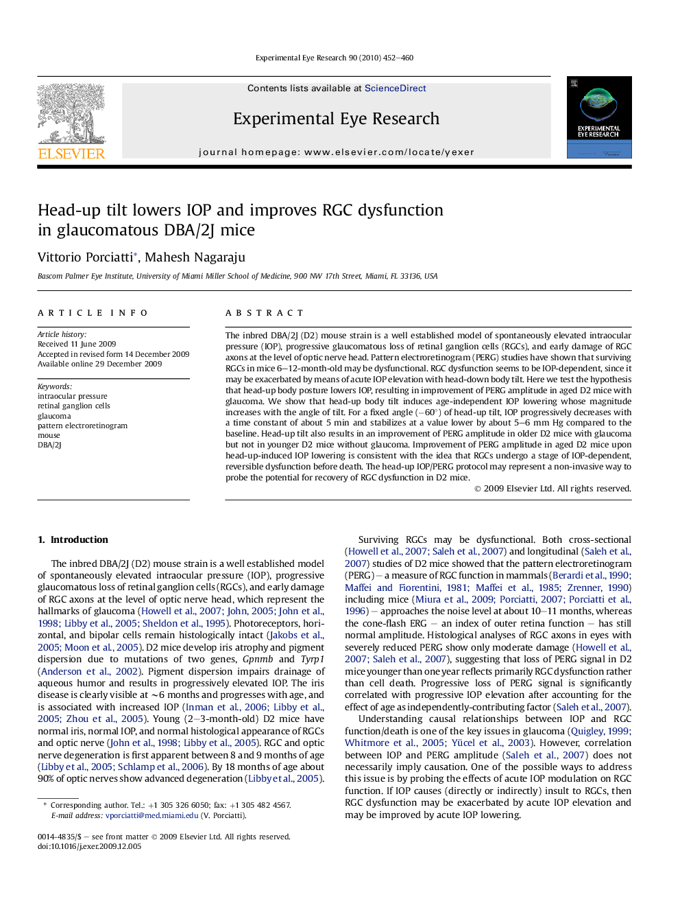 Head-up tilt lowers IOP and improves RGC dysfunction in glaucomatous DBA/2J mice