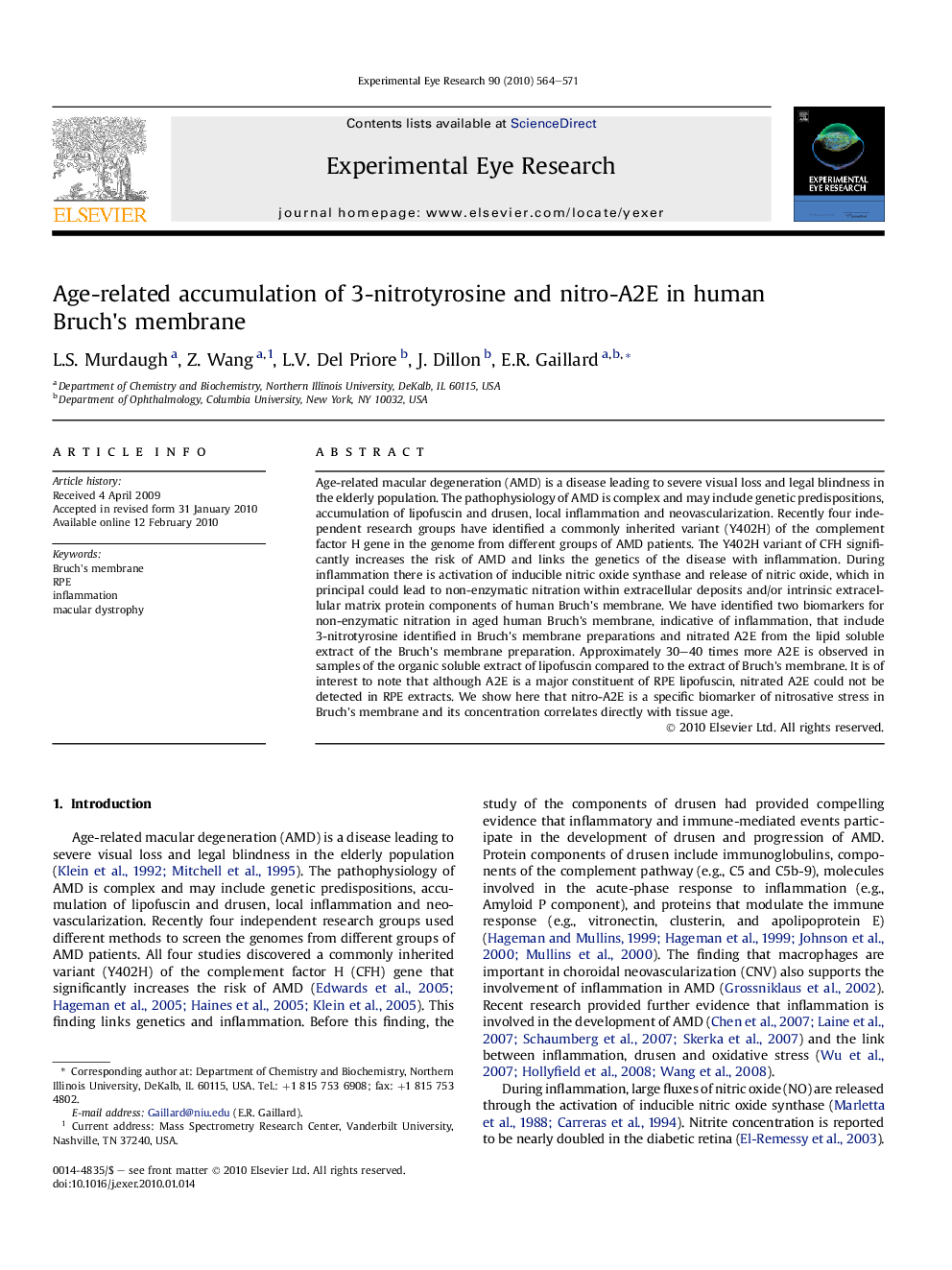 Age-related accumulation of 3-nitrotyrosine and nitro-A2E in human Bruch's membrane