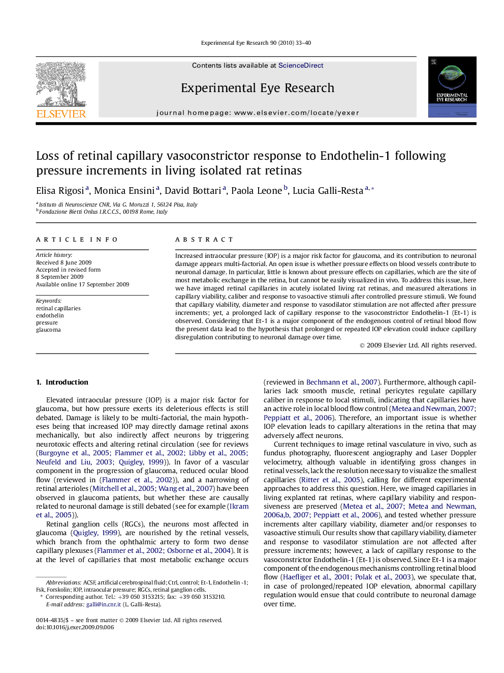 Loss of retinal capillary vasoconstrictor response to Endothelin-1 following pressure increments in living isolated rat retinas