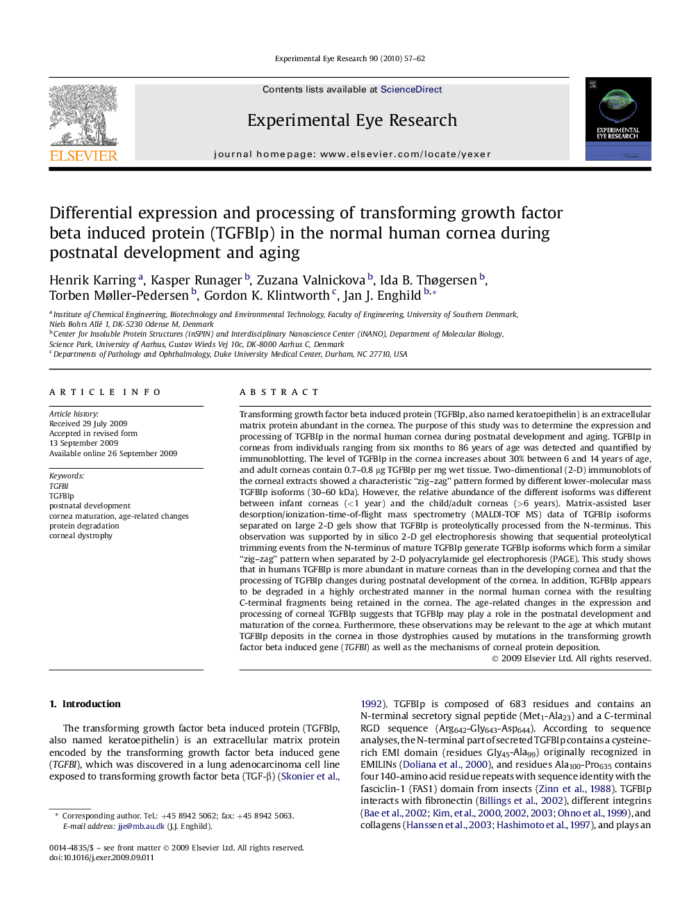 Differential expression and processing of transforming growth factor beta induced protein (TGFBIp) in the normal human cornea during postnatal development and aging