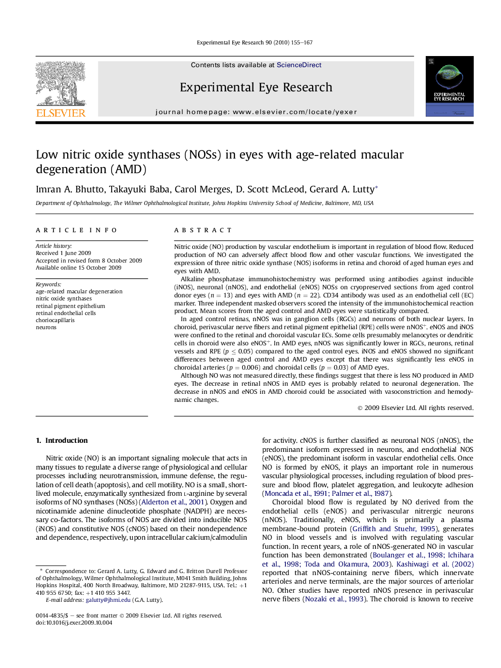 Low nitric oxide synthases (NOSs) in eyes with age-related macular degeneration (AMD)