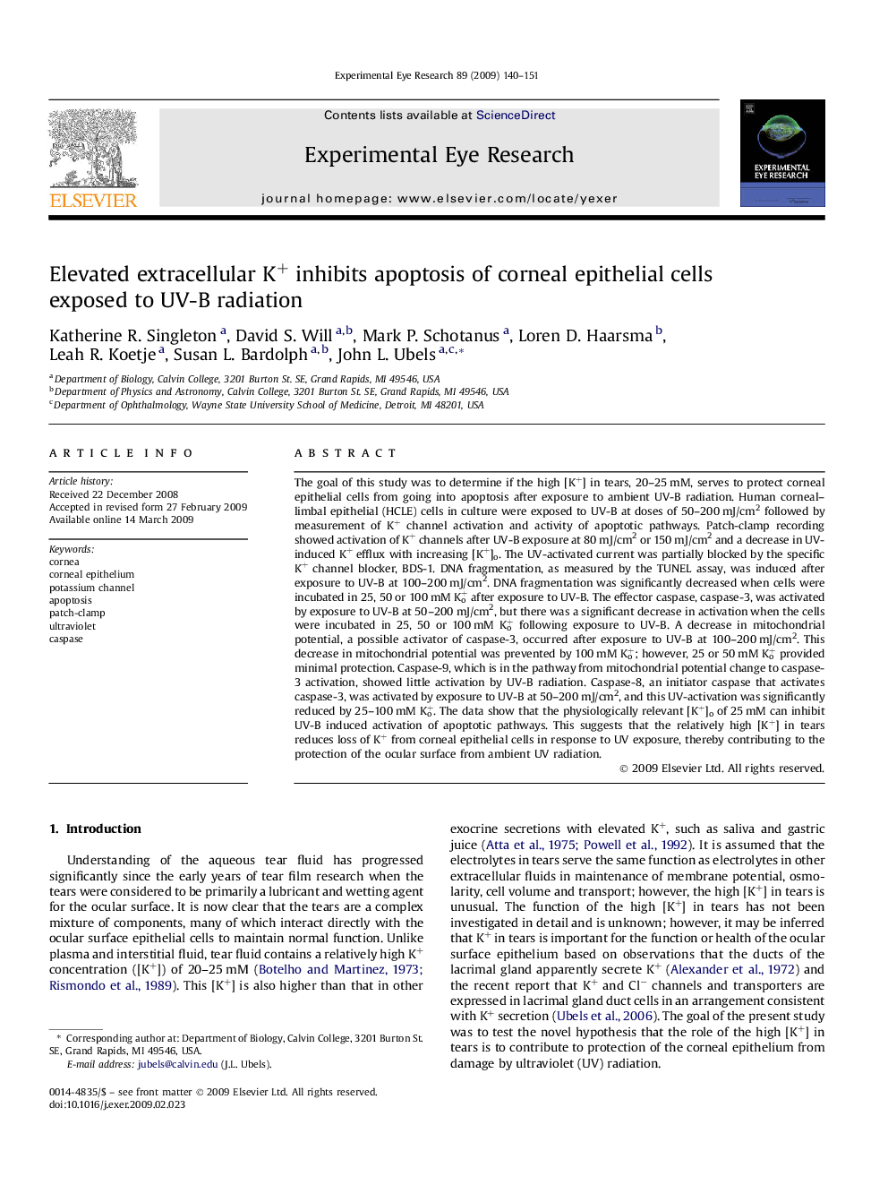 Elevated extracellular K+ inhibits apoptosis of corneal epithelial cells exposed to UV-B radiation