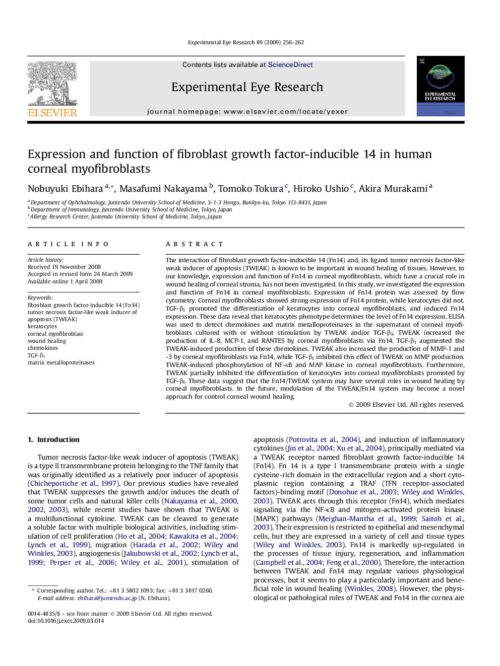 Expression and function of fibroblast growth factor-inducible 14 in human corneal myofibroblasts