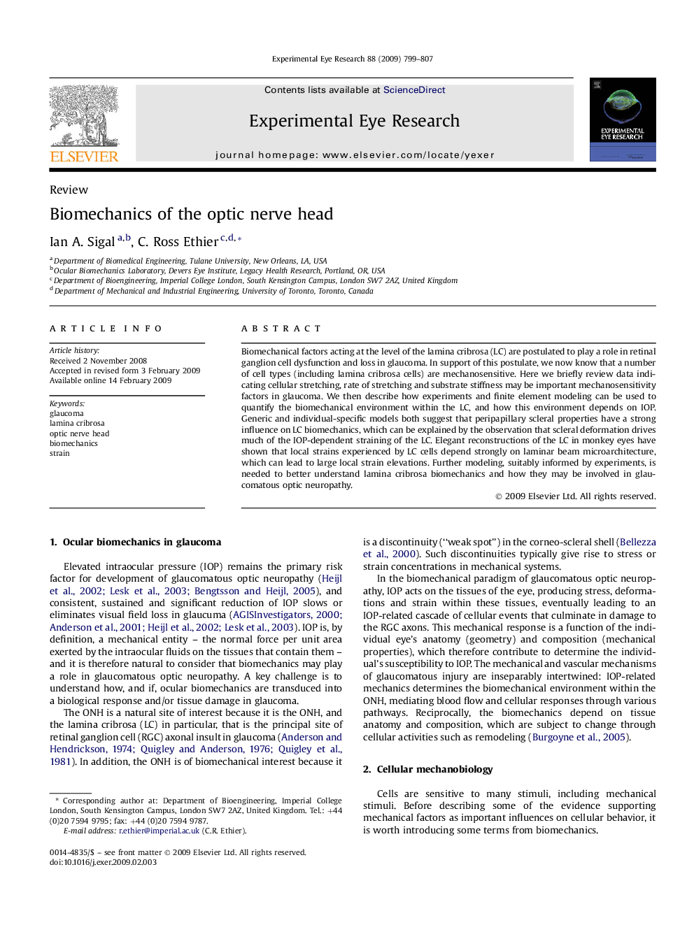 Biomechanics of the optic nerve head