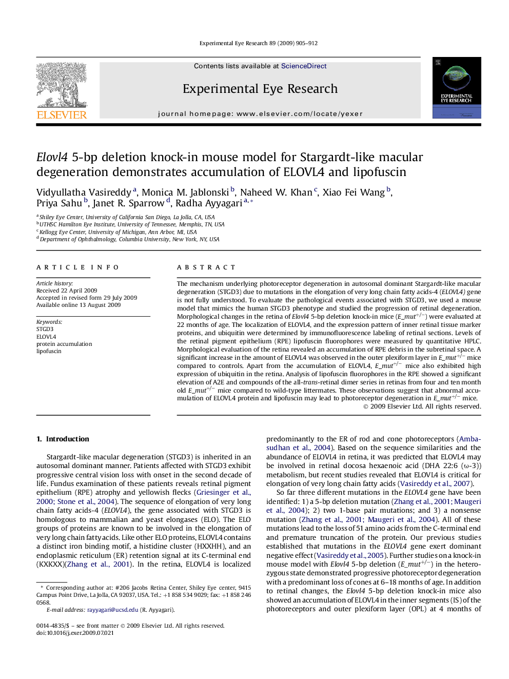 Elovl4 5-bp deletion knock-in mouse model for Stargardt-like macular degeneration demonstrates accumulation of ELOVL4 and lipofuscin