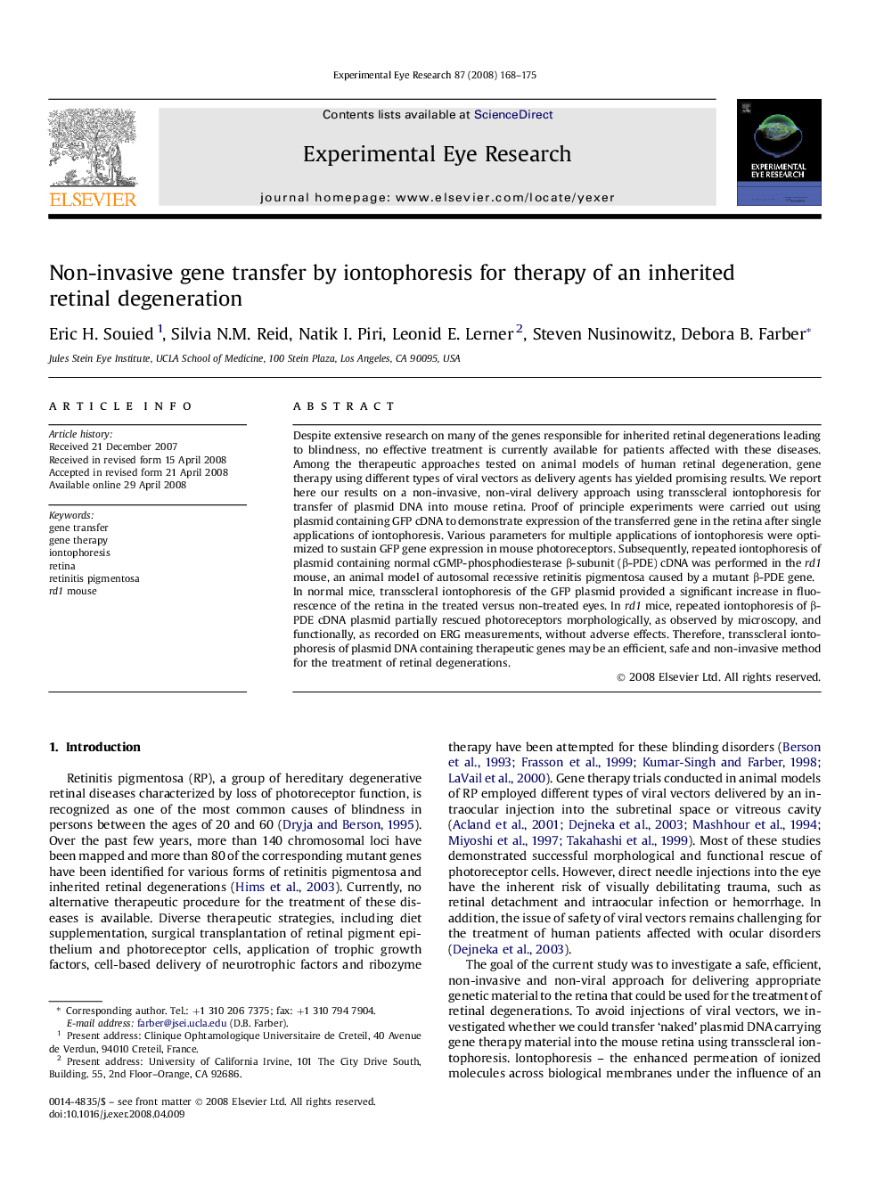 Non-invasive gene transfer by iontophoresis for therapy of an inherited retinal degeneration