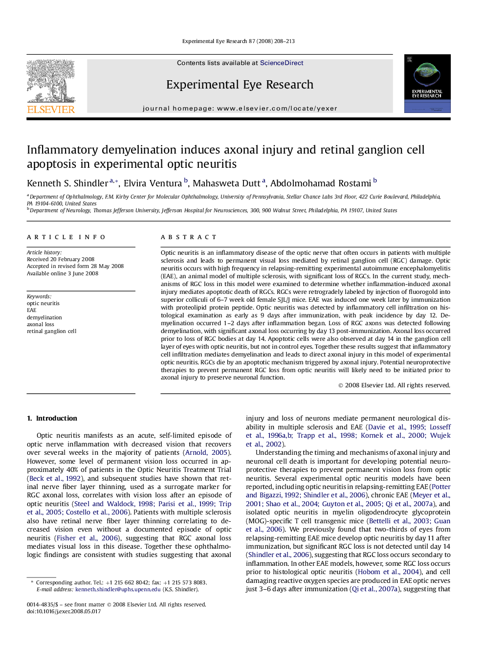 Inflammatory demyelination induces axonal injury and retinal ganglion cell apoptosis in experimental optic neuritis