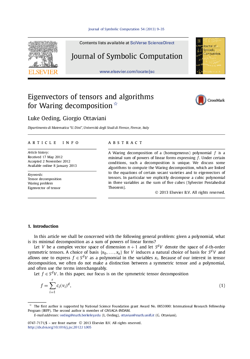 عکس صفحه اول مقاله: Eigenvectors of tensors and algorithms for Waring decomposition Eigenvectors of tensors and algorithms for Waring decomposition
