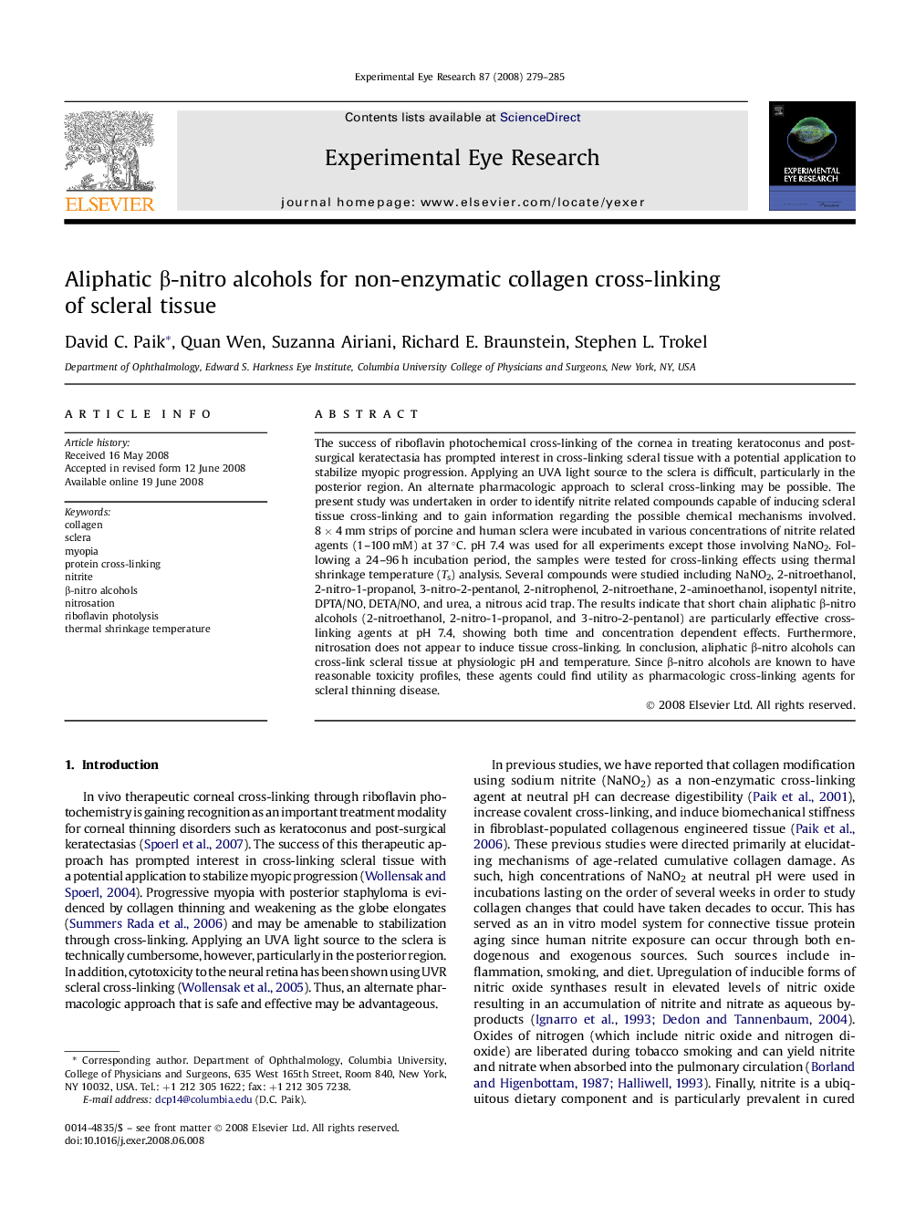 Aliphatic β-nitro alcohols for non-enzymatic collagen cross-linking of scleral tissue