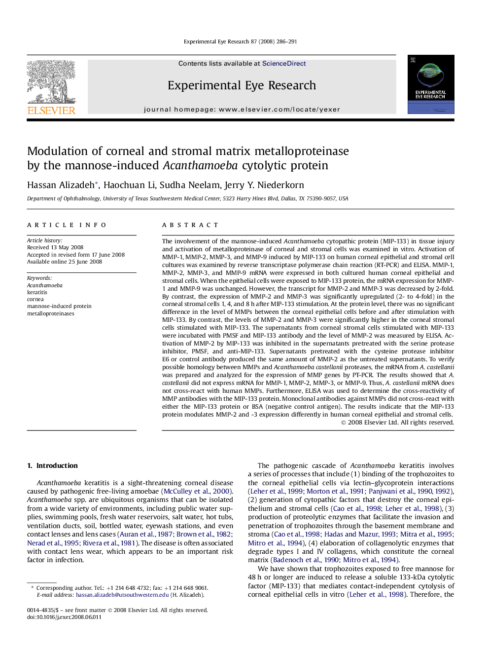 عکس صفحه اول مقاله: Modulation of corneal and stromal matrix metalloproteinase by the mannose-induced Acanthamoeba cytolytic protein Modulation of corneal and stromal matrix metalloproteinase by the mannose-induced Acanthamoeba cytolytic protein