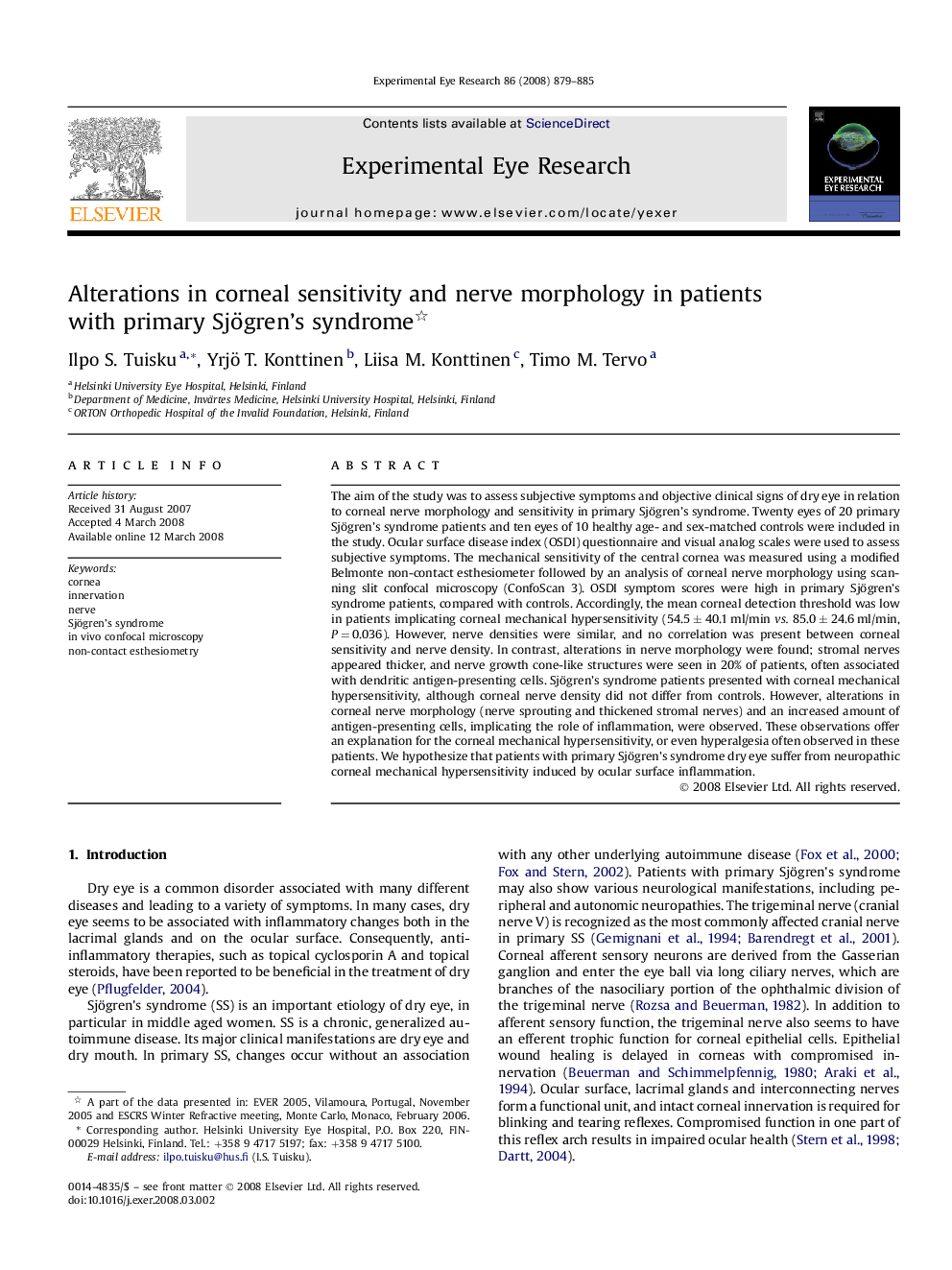 Alterations in corneal sensitivity and nerve morphology in patients with primary Sjögren's syndrome 