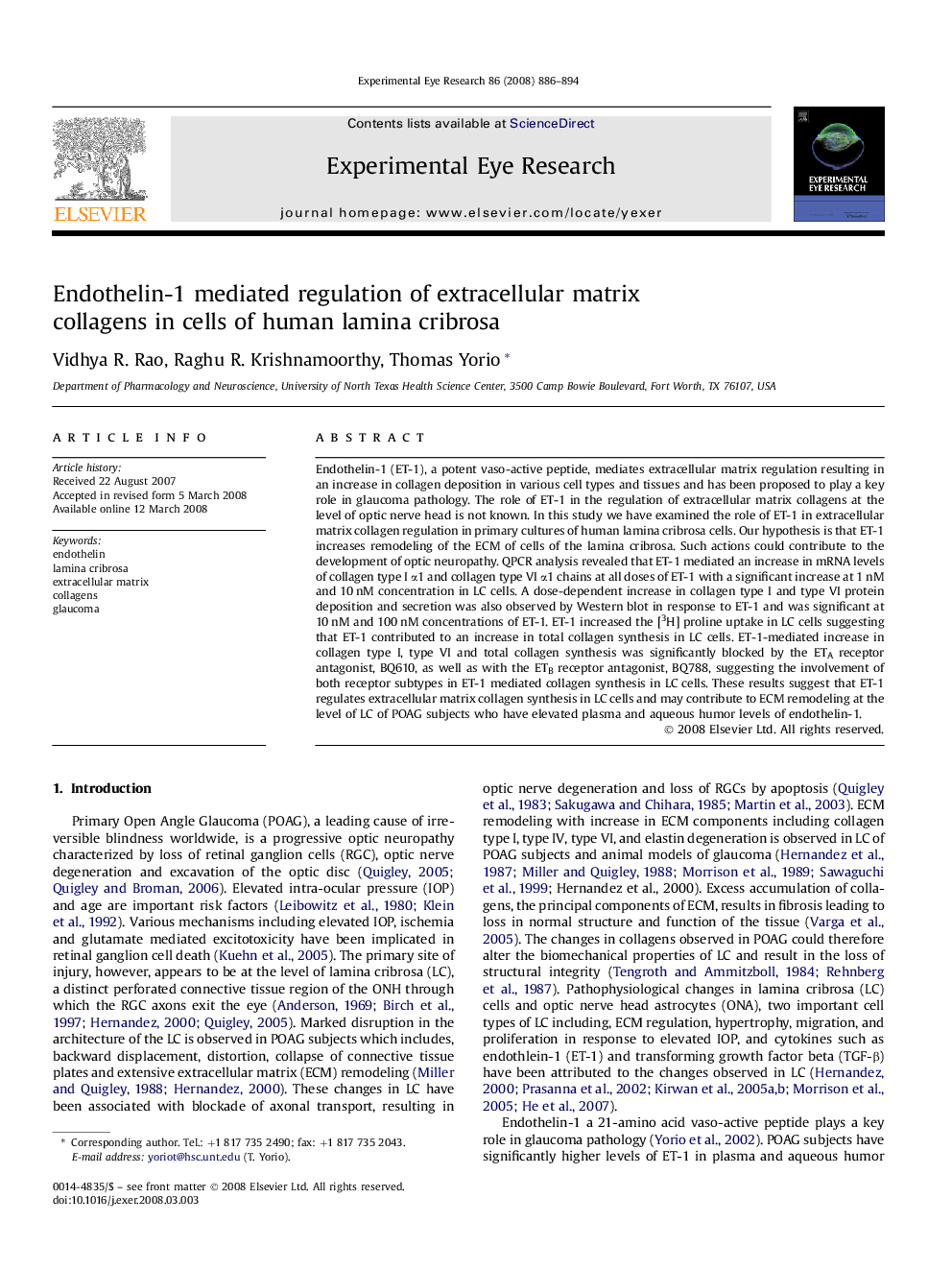Endothelin-1 mediated regulation of extracellular matrix collagens in cells of human lamina cribrosa