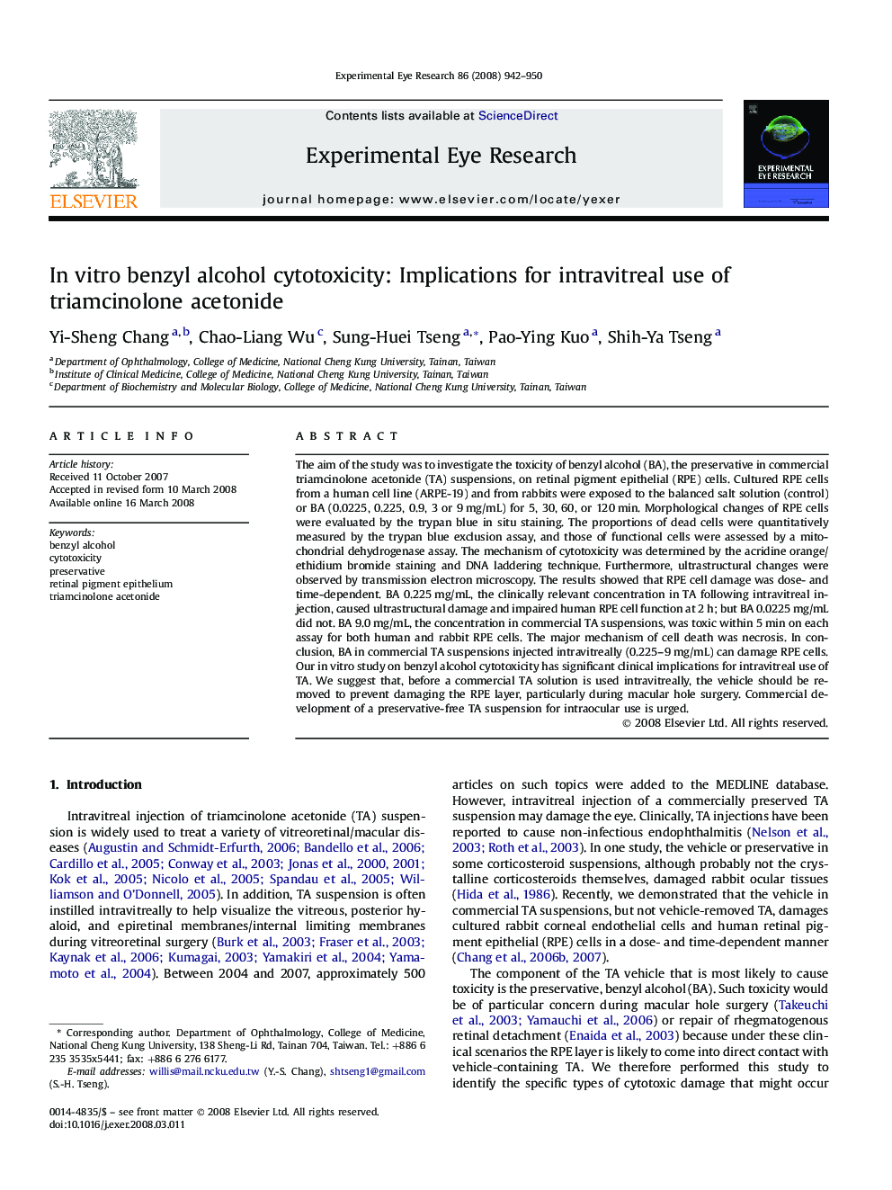 In vitro benzyl alcohol cytotoxicity: Implications for intravitreal use of triamcinolone acetonide