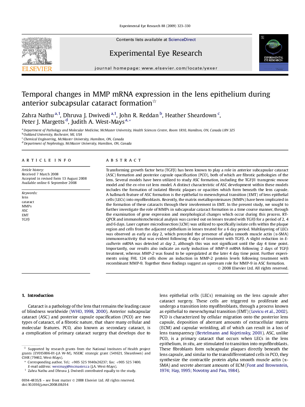 Temporal changes in MMP mRNA expression in the lens epithelium during anterior subcapsular cataract formation 