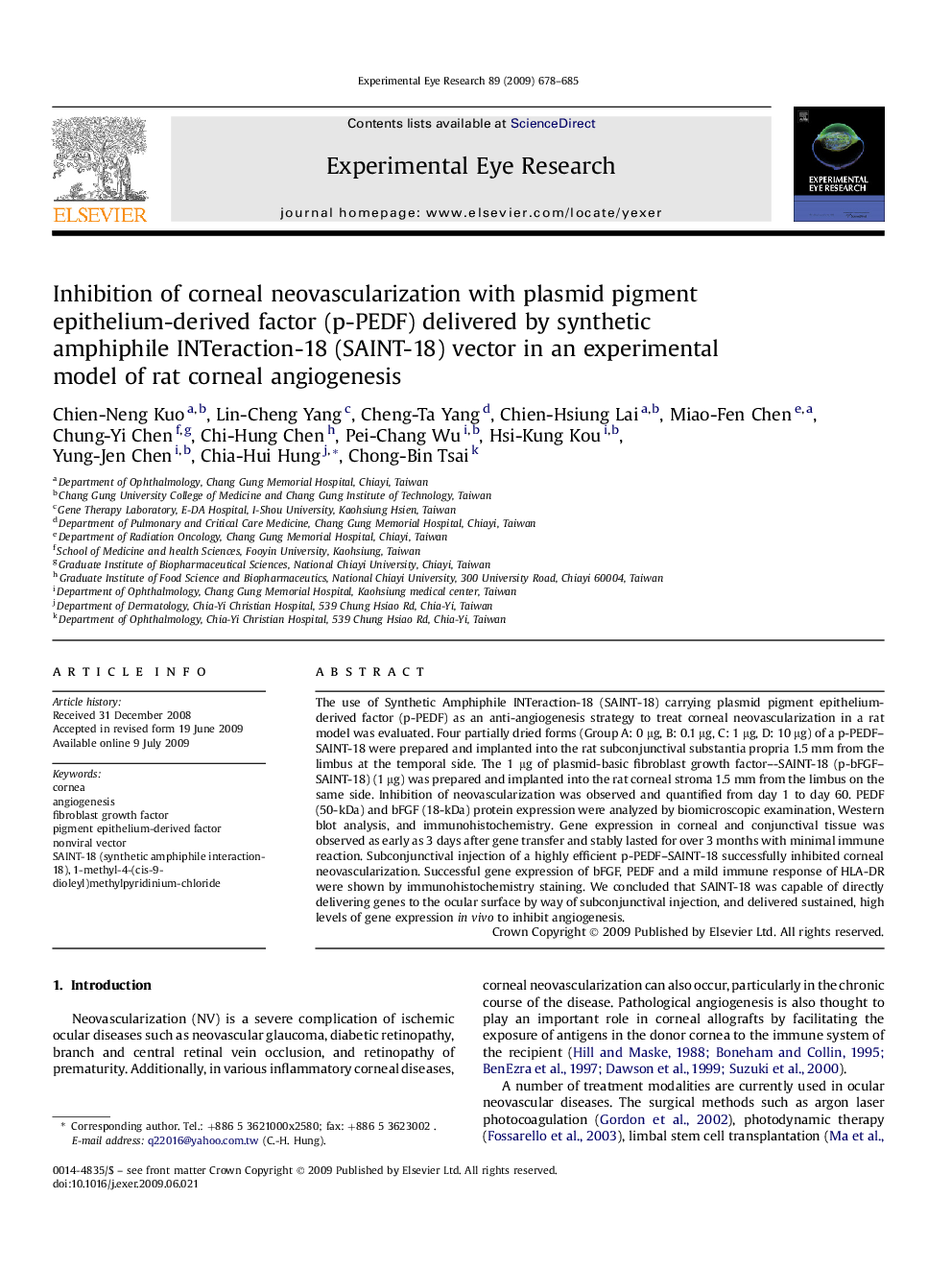 Inhibition of corneal neovascularization with plasmid pigment epithelium-derived factor (p-PEDF) delivered by synthetic amphiphile INTeraction-18 (SAINT-18) vector in an experimental model of rat corneal angiogenesis