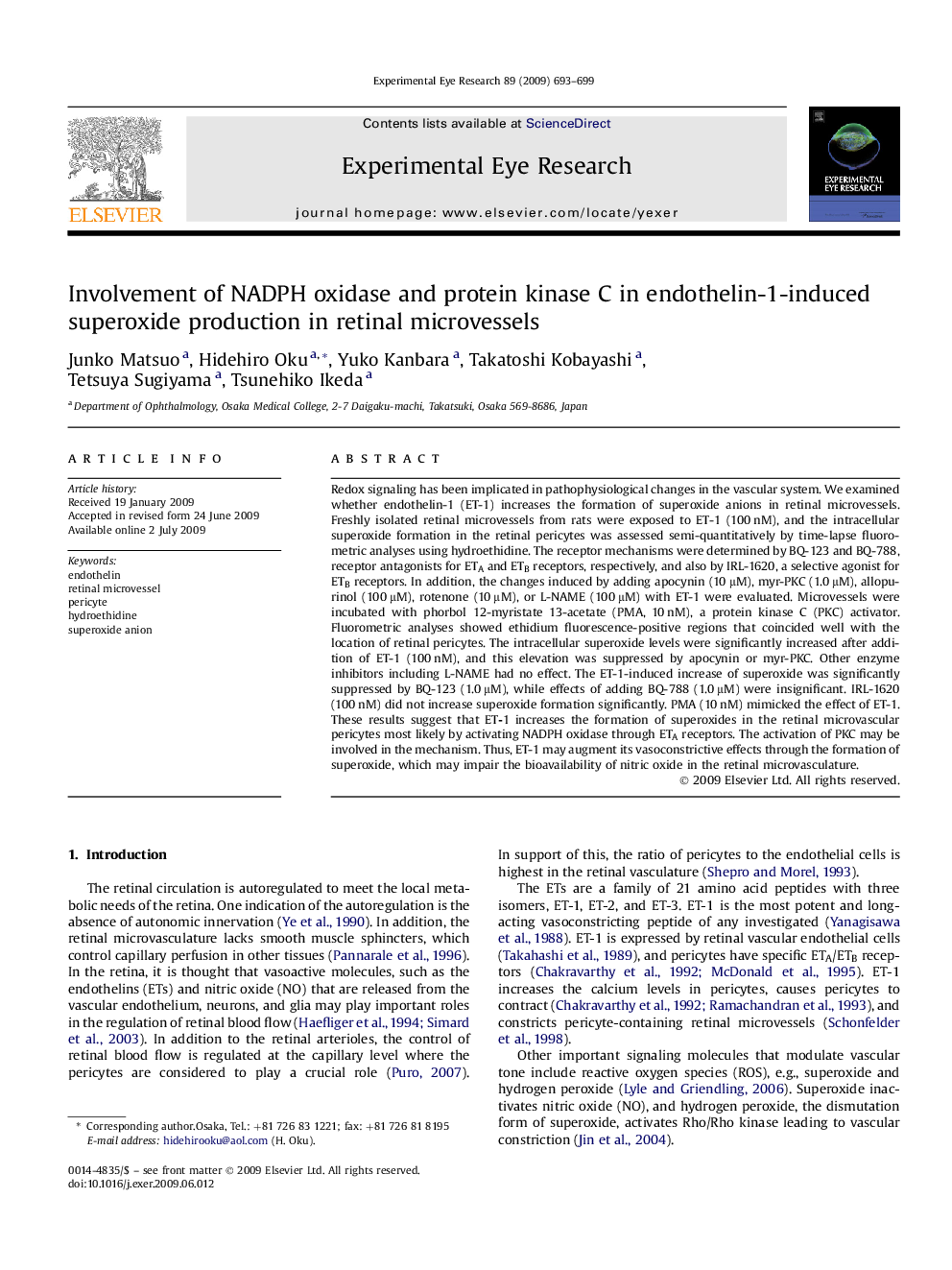 Involvement of NADPH oxidase and protein kinase C in endothelin-1-induced superoxide production in retinal microvessels