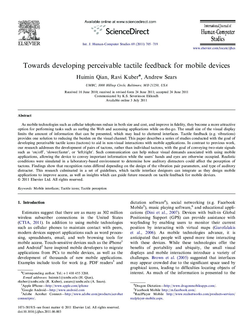 Towards developing perceivable tactile feedback for mobile devices