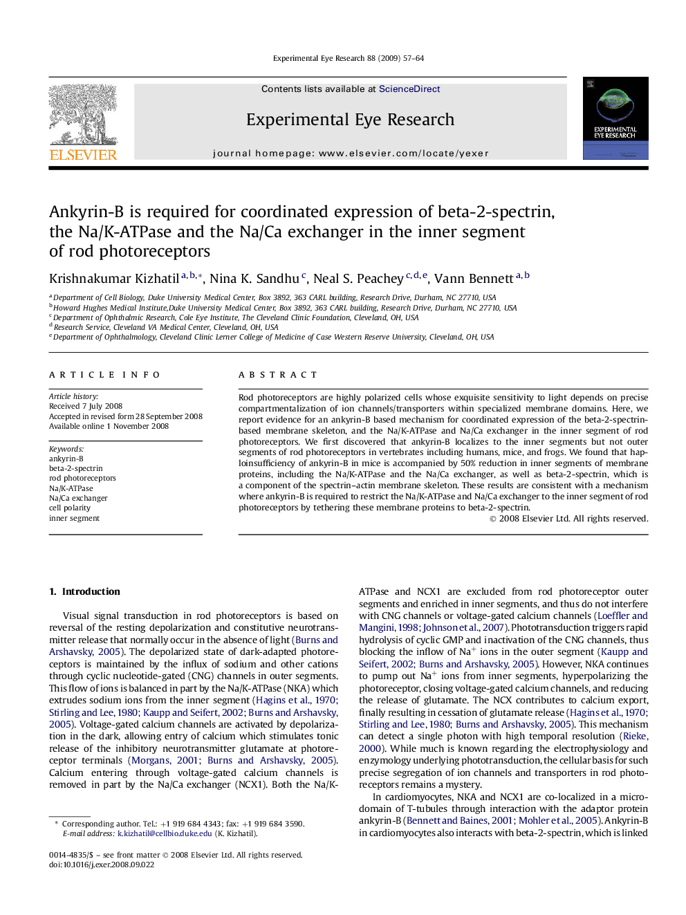 Ankyrin-B is required for coordinated expression of beta-2-spectrin, the Na/K-ATPase and the Na/Ca exchanger in the inner segment of rod photoreceptors