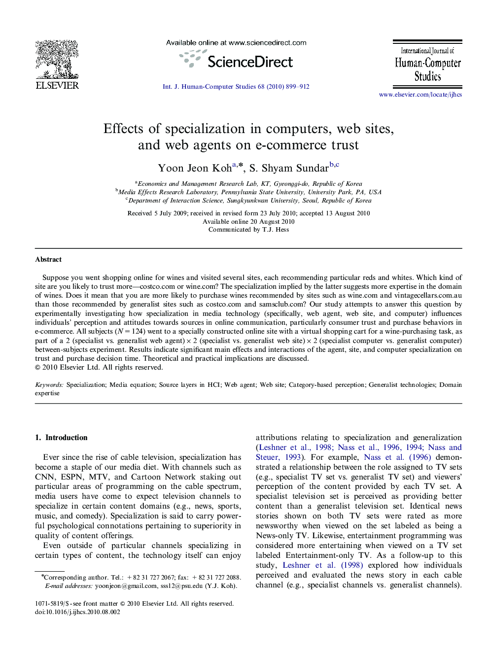 Effects of specialization in computers, web sites, and web agents on e-commerce trust