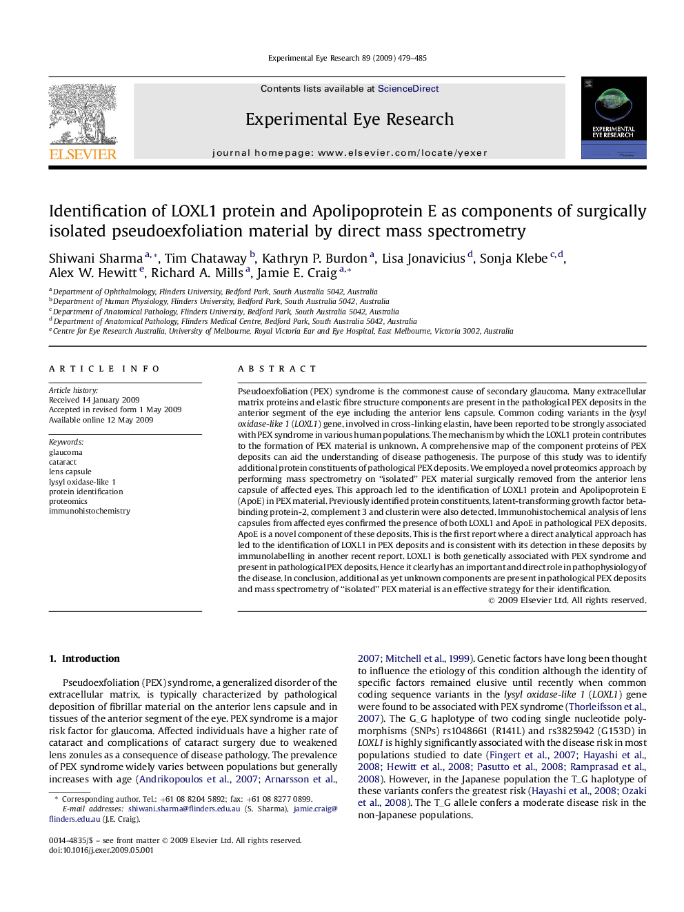 Identification of LOXL1 protein and Apolipoprotein E as components of surgically isolated pseudoexfoliation material by direct mass spectrometry