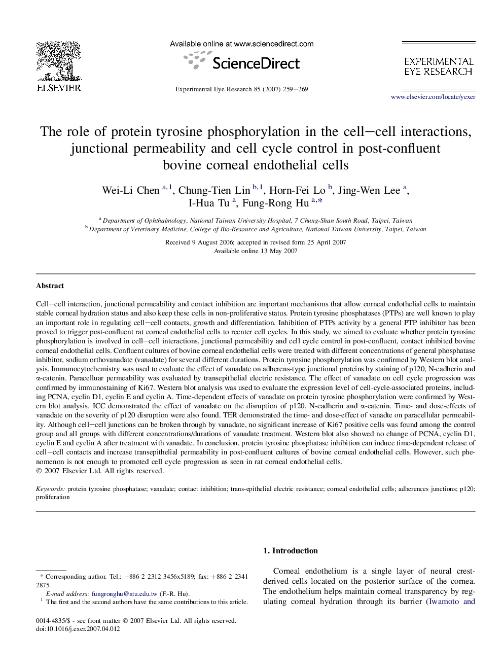 The role of protein tyrosine phosphorylation in the cell–cell interactions, junctional permeability and cell cycle control in post-confluent bovine corneal endothelial cells