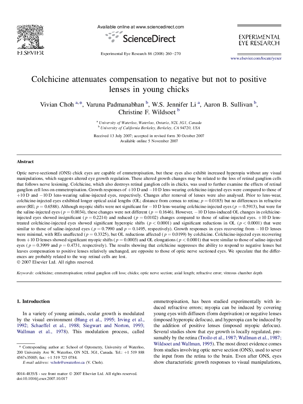 Colchicine attenuates compensation to negative but not to positive lenses in young chicks