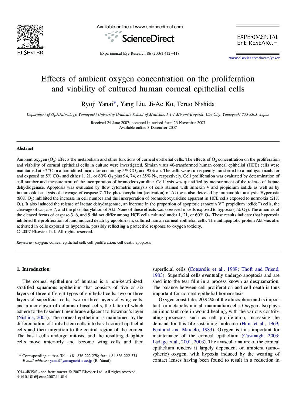 Effects of ambient oxygen concentration on the proliferation and viability of cultured human corneal epithelial cells